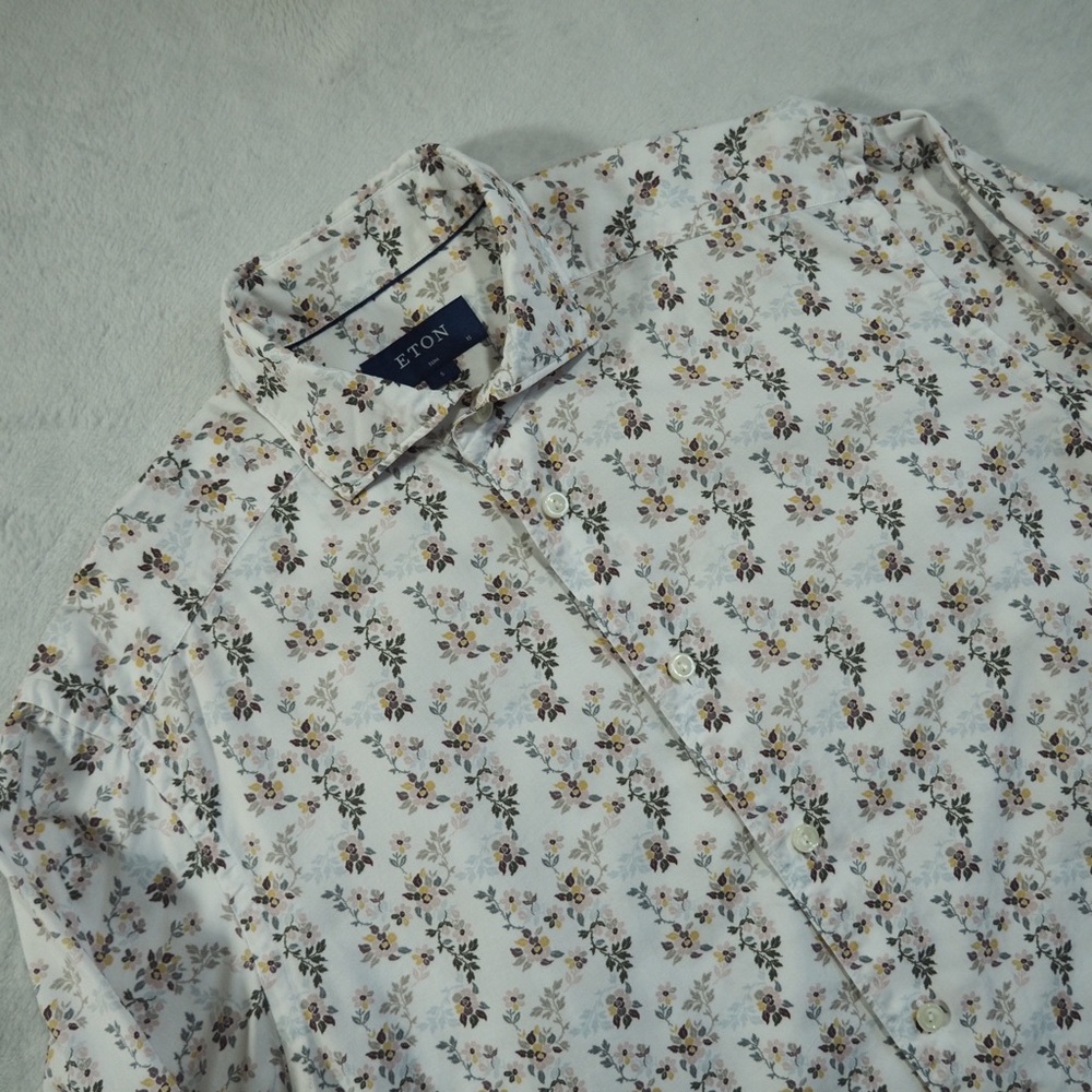 Eton Sz 15/38 Men's White Shirt W/Green and Brown Floral Cotton/Lyocell Blend
